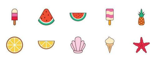 reeks van zomer icoon in vlak stijl. ijs room, watermeloen, ananas, oranje, schelp, en zeester. vector