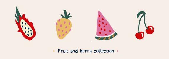 fruit en BES vector verzameling. hand- getrokken clip art van watermeloen plak, kers, draak fruit, aardbei