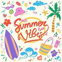 zomer tekening reeks retro sjabloon voor ansichtkaarten, banners en sociaal media. hand- getrokken rood belettering. surfplank, bandana, palm, zonnebril, citroen, Golf, paraplu, zonnescherm en ijs room vector cliparts