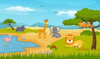 tekenfilm wild dieren in savanne. buitenshuis omgeving, safari dieren in het wild met vijver voor schattig flamingo, giraffe, neushoorn vector
