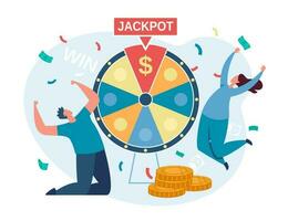 Lucky mensen spinnen fortuin wiel en winnend jackpot. tekens winnen contant geld prijzen, loterij winnaars, online het gokken vector illustratie