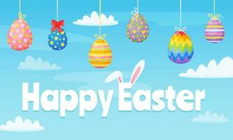 tekenfilm gelukkig Pasen banier met kleurrijk geschilderd eieren. voorjaar vakantie groet kaart met chocola eieren en konijn oren vector illustratie