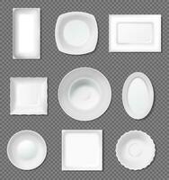 realistisch wit bord, top visie leeg borden, porselein servies. avondeten borden en kommen, keuken servies, keramisch serviesgoed vector reeks