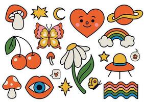 schattig funky hippie stickers. retro jaren 70 uitstraling, psychedelisch groovy elementen net zo paddestoel, bloem, regenboog en ufo vector