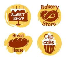 bakkerij belettering logo, zoet winkel, brood huis etiketten. bakkerij op te slaan logotype met krakeling. koekje teken voor banketbakkerij vector