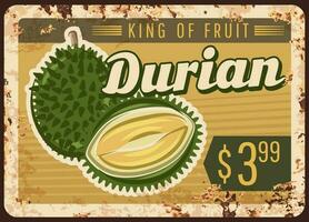 durian fruit roestig metaal bord prijs tropisch voedsel vector