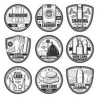 wassen, hygiëne en huis schoonmaak retro pictogrammen vector