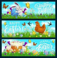 gelukkig Pasen vector konijn, kip met kuikens, eieren