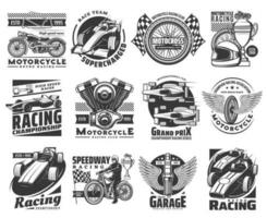 motorfiets en auto racen, groots prix ritten pictogrammen vector