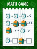 tekenfilm schooltas en alarm klok in wiskunde spel vector