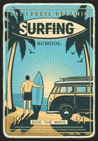 Californië surfing school- retro vector poster