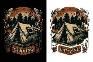 camping t-shirt ontwerp, reizen t-shirt afdrukken, avontuur berg, sublimatie afdrukken, ontwerp buitenshuis, tent camping in een Woud in de buurt de bergen vector