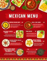 Mexicaans voedsel keuken menu, restaurant maaltijden gerechten vector