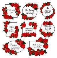 begrafenis bloemen borders met rood rozen vector