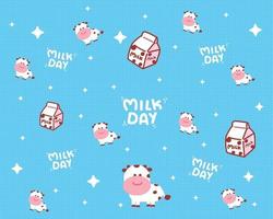 schattig koe en melk doos patroon, melk dag cartoon kunst illustratie vector