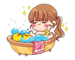 schattig meisje nemen bad met eend speelgoed en bubbels cartoon afbeelding vector