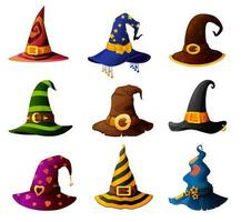 heks, goochelaar tovenaar of tovenaar halloween hoeden vector