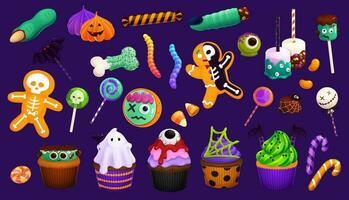 tekenfilm halloween snoepgoed, cupcakes en lolly vector