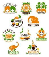 Indisch voedsel restaurant vector pictogrammen, emblemen reeks