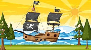 oceaan met piratenschip in de scène van de zonsondergangtijd in cartoonstijl vector