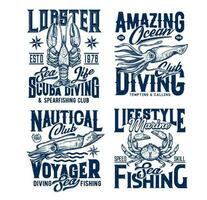 scuba duiken en zee visvangst club t-shirt prints vector