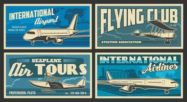 vlak en luchthaven retro banners van lucht reizen vector