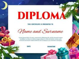 kinderen diploma, certificaat met Kerstmis cadeaus vector