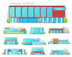 Sportschool, sport club en geschiktheid centrum gebouw pictogrammen vector