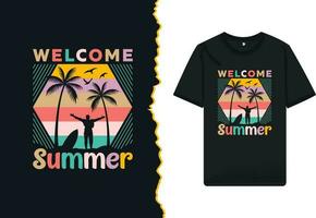 Welkom zomer - strand partij retro stijl t-shirt ontwerp sjabloon. zomer zonsondergang ontwerp Aan zwart achtergrond. vector grafiek voor overhemden, mokken, en andere afdrukken artikelen.