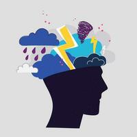 mentaal Gezondheid concept. abstract beeld van een hoofd met slecht weer binnen. donder, wolken en bliksem net zo een symbool van depressie, woede, arm moreel. vector hand- tekening illustratie.