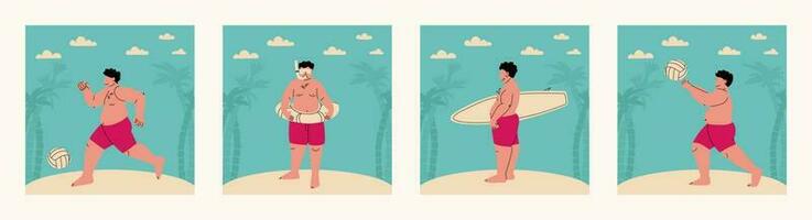 reeks van vector illustraties, strand sport- en amusement. dik Mens in een zwempak Aan de strand met palm bomen. surfen, Amerikaans voetbal, volleybal, zwemmen. sport van groot mensen.