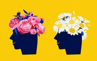 mentaal Gezondheid concept. abstract beeld van een hoofd met bloemen binnen. pioenrozen, bloemen en bladeren net zo een symbool van inspiratie, rust, gunstig mentaal gedrag. vector