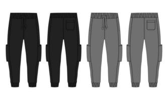 zwart en grijs kleur eenvoudig zweet hijgen technisch mode vlak schetsen sjabloon voorkant, terug keer bekeken. kleding fleece katoen jogger broek vector illustratie tekening bespotten omhoog voor Mannen en jongens.