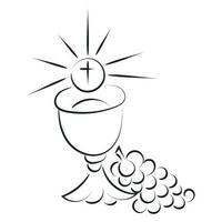 eerste gemeenschap borduurwerk ontwerp. Eucharistie in kelk met druiven en tarwe voor afdrukken of gebruik net zo poster, kaart, folder of t overhemd vector