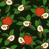 naadloos patroon met rood appels, appel plakjes, bladeren Aan donker achtergrond. vector