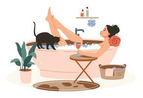 een jong vrouw duurt een bad met een glas van wijn. een meisje met een kat in de badkamer ontspant in heet water met schuim. dagelijks zelf zorg. vlak tekenfilm vector illustratie.