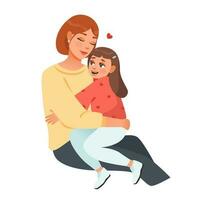 mam en dochter knuffel. gelukkig mam en meisje kind omarmen. schattig kind zittend Aan mamma knieën. tekenfilm vector illustratie.