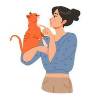 een vrouw met een kat in haar armen. een vrouw knuffels een katje. huisdier baasje. vlak vector illustratie.