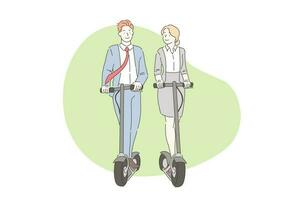 teamwerk, bedrijf, modern, scooters concept. jong glimlachen actief Mens en vrouw zakenlieden Actie Aan gyroboards Aan de straat of kantoor. levensstijl, vergadering metgezellen. vector vlak ontwerp.