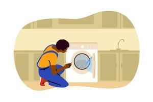 reparatie, de was, werk, vervanging concept. jong Afrikaanse Amerikaans Mens loodgieter arbeider monteur karakter repareren vervangen het wassen machine Bij huis. huiselijk gereedschap uitrusting onderhoud illustratie. vector