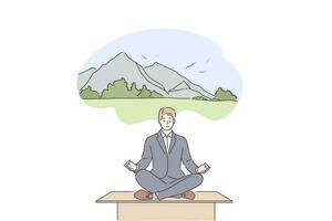 droom, yoga, kom tot rust, bedrijf concept. jong zakenman leider zit Aan werk tafel doet yoga in kantoor, denkt over bergen recreatie na werk werkwijze spanning Verlichting gebruik makend van meditatie illustratie. vector