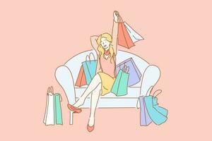 gelukkig shopaholic met aankopen, consumentisme concept. jong vrouw koper, vrolijk fashionista met boodschappen doen Tassen zittend Aan sofa tevreden na bezoekende boetieks. gemakkelijk vlak vector