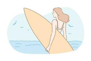 surfen, sport, zomer vakantie concept. jong gelukkig vrouw surfer in bikini, meisje tiener atleet staat Aan zee oceaan kust met surfplank. extreem sport werkzaamheid. levensstijl. zomer vakantie. vector