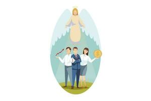 Christendom, Bijbel, geloof, bescherming, bedrijf, ondersteuning concept. engel bijbels religieus karakter beschermt zakenman vrouw griffiers managers staand samen. goddelijk ondersteuning zorg illustratie. vector