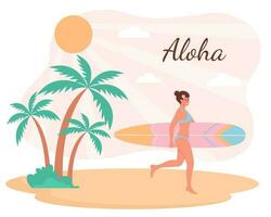 vrouw in zwempak met surfboard wandelen Aan de strand.tropisch palmen zijn in de buurt haar. aloha tekst. zomer, actief sport, surfen, vakantie concept. vlak tekenfilm vector illustratie.