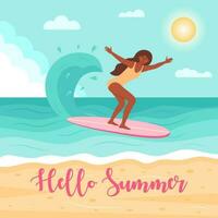 Afrikaanse Amerikaans vrouw in zwempak Aan de surfboard in de oceaan. zomer zeegezicht, actief sport, surfing Aan oceaan golven, vakantie concept. Hallo zomer tekst. vlak tekenfilm vector illustratie.