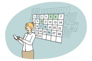 zakenvrouw plan dag met mobiele telefoon app kalender vector