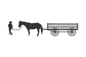 silhouet van door paarden getrokken rijtuigen met rijder, vier wiel koets, wild west wagon silhouet. vector illustratie.