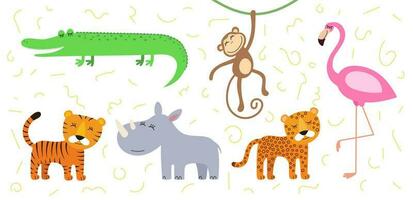 schattig tekenfilm stijl krokodil, aap en flamingo. tekening Afrikaanse baby wild dieren tijger, neushoorn en Jachtluipaard. soort glimlachen oerwoud safari dier set. vector eps creatief grafisch hand- getrokken prints