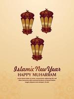 gelukkige muharram uitnodiging partij poster met creatieve lantaarn vector